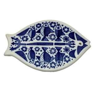Vintage Norway Fish Trivet Blue White Porcelain 8" x 5 1/8" Porsgrund 1971 EUC
